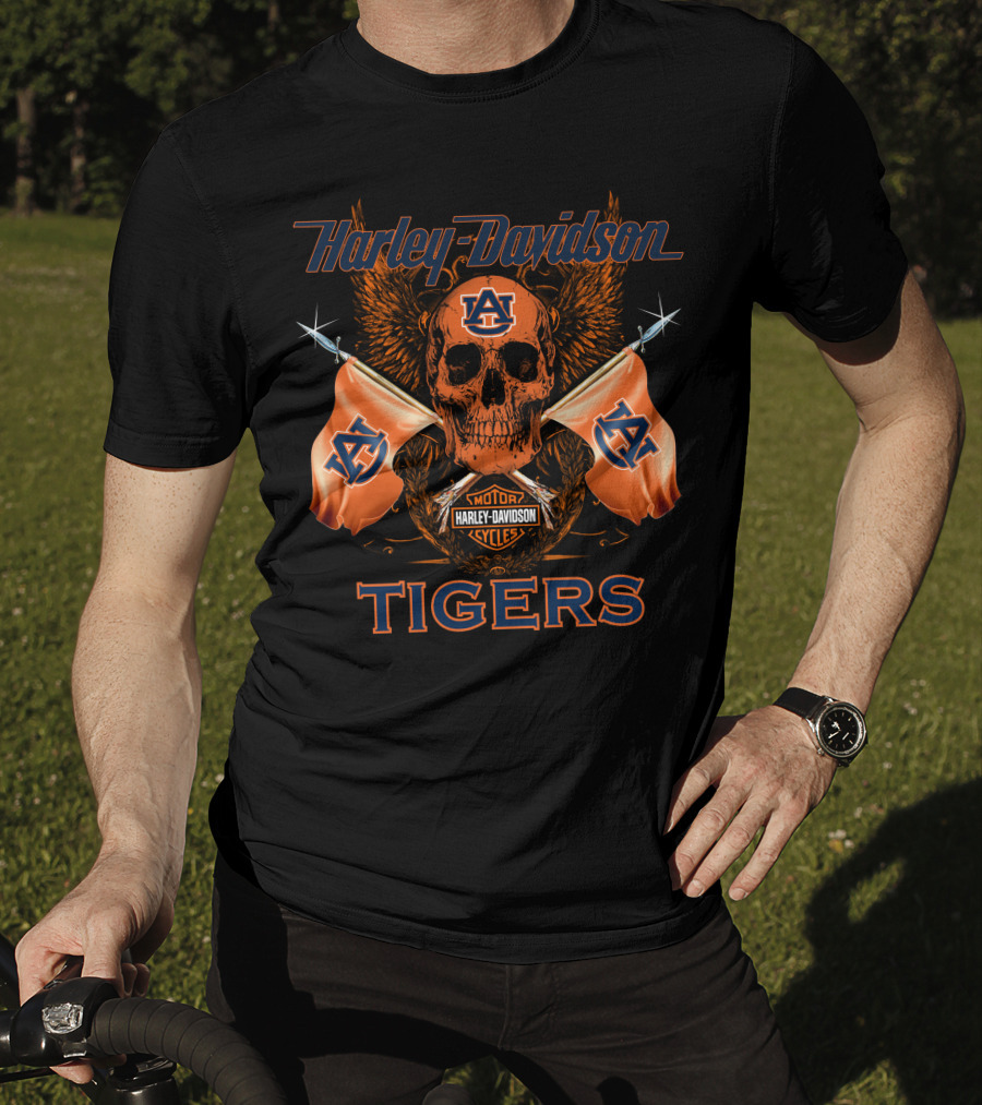 Harley Davidson Auburn Tigers Skull And Flags T-Shirt