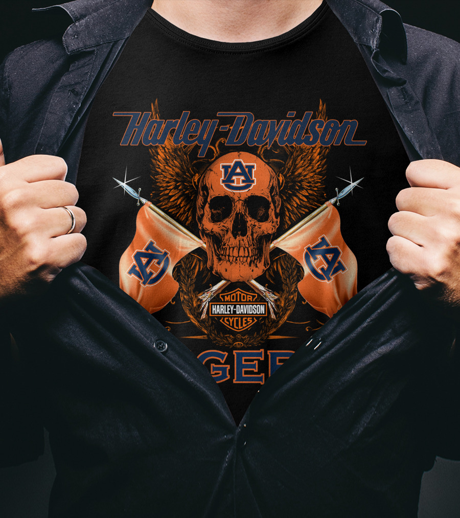 Harley Davidson Auburn Tigers Skull And Flags T-Shirt