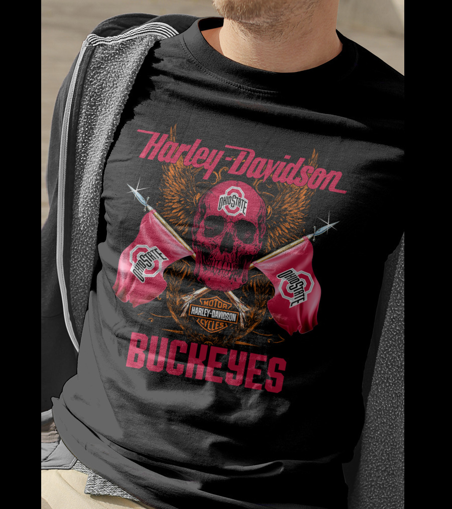 Harley Davidson Ohio State Buckeyes Skull Flag Fan T-Shirt