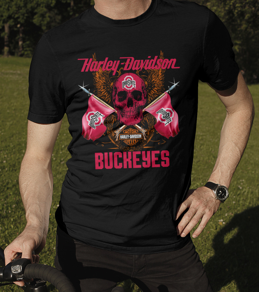 Harley Davidson Ohio State Buckeyes Skull Flag Fan T-Shirt