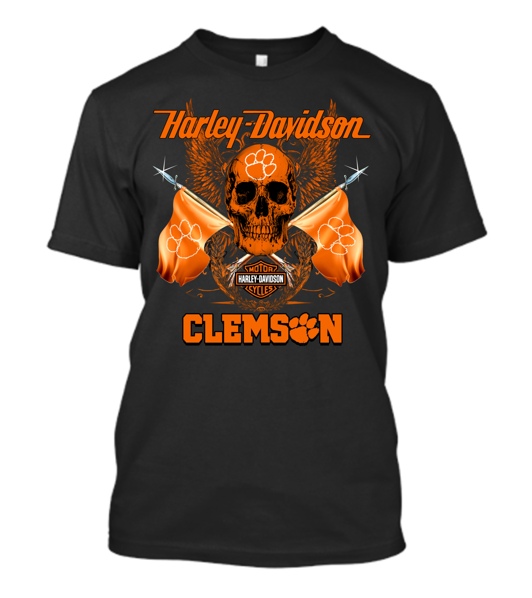 Harley Davidson Clemson Skull With Orange Flags And Paw Print T-Shirt
