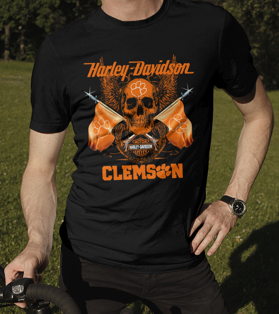 Harley Davidson Clemson Skull With Orange Flags And Paw Print T-Shirt