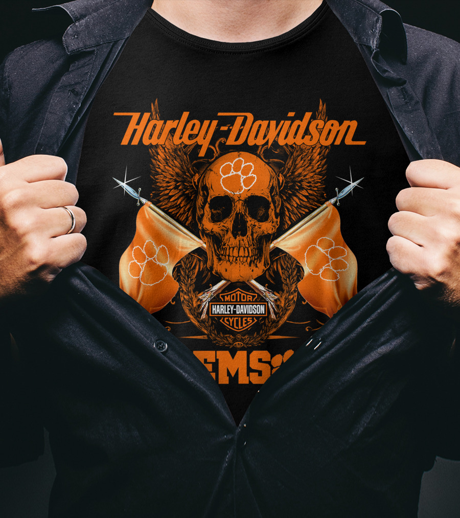 Harley Davidson Clemson Skull With Orange Flags And Paw Print T-Shirt