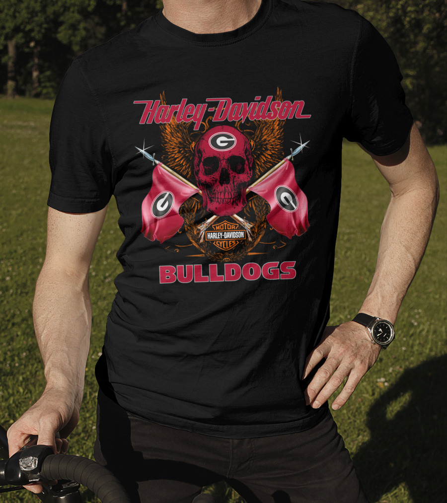 Harley Davidson Bulldogs Georgia Skull Flags T-Shirt