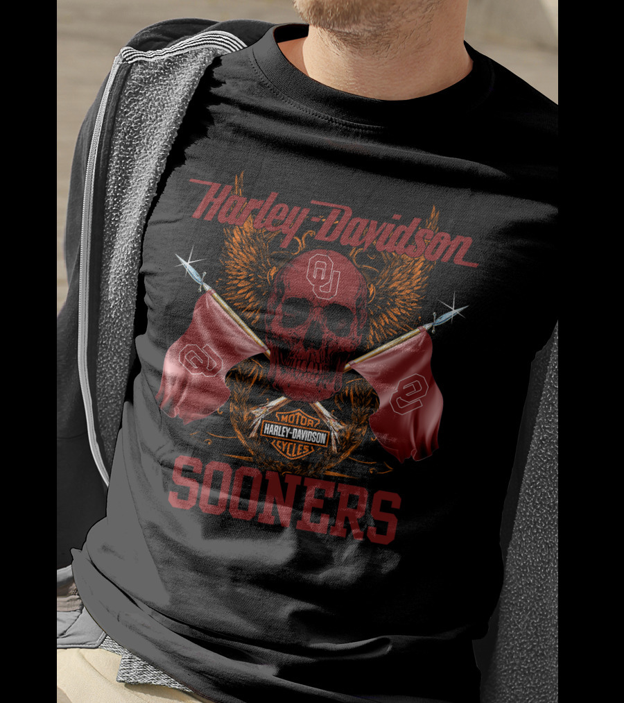 Harley Davidson Sooners Skull Flags Oklahoma University T-Shirt