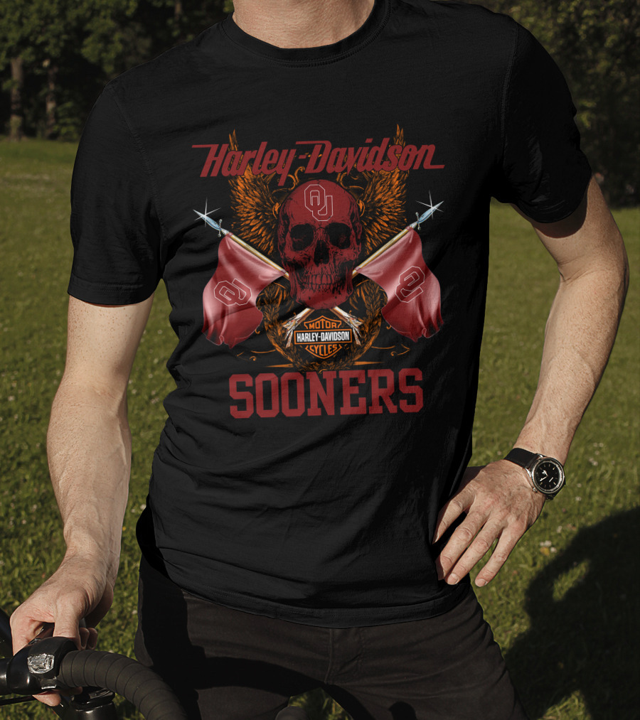 Harley Davidson Sooners Skull Flags Oklahoma University T-Shirt