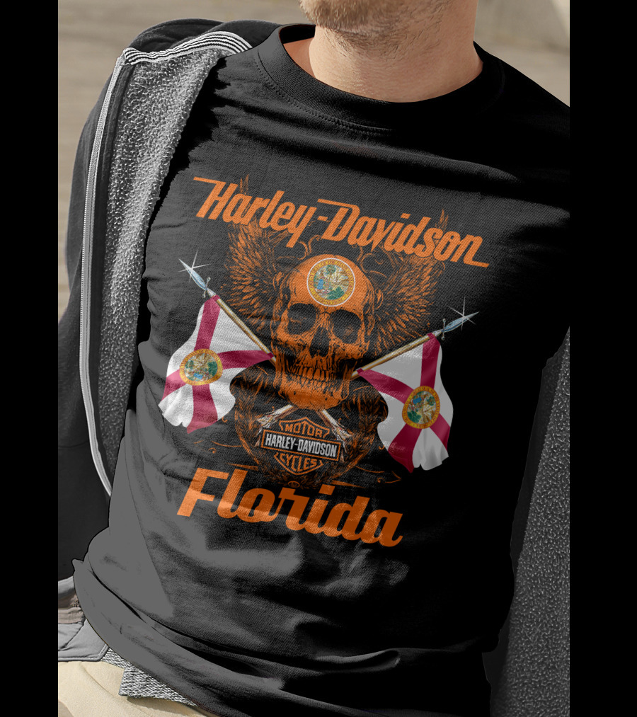 Harley Davidson Florida Skull With Flags And Logo Motif T-Shirt