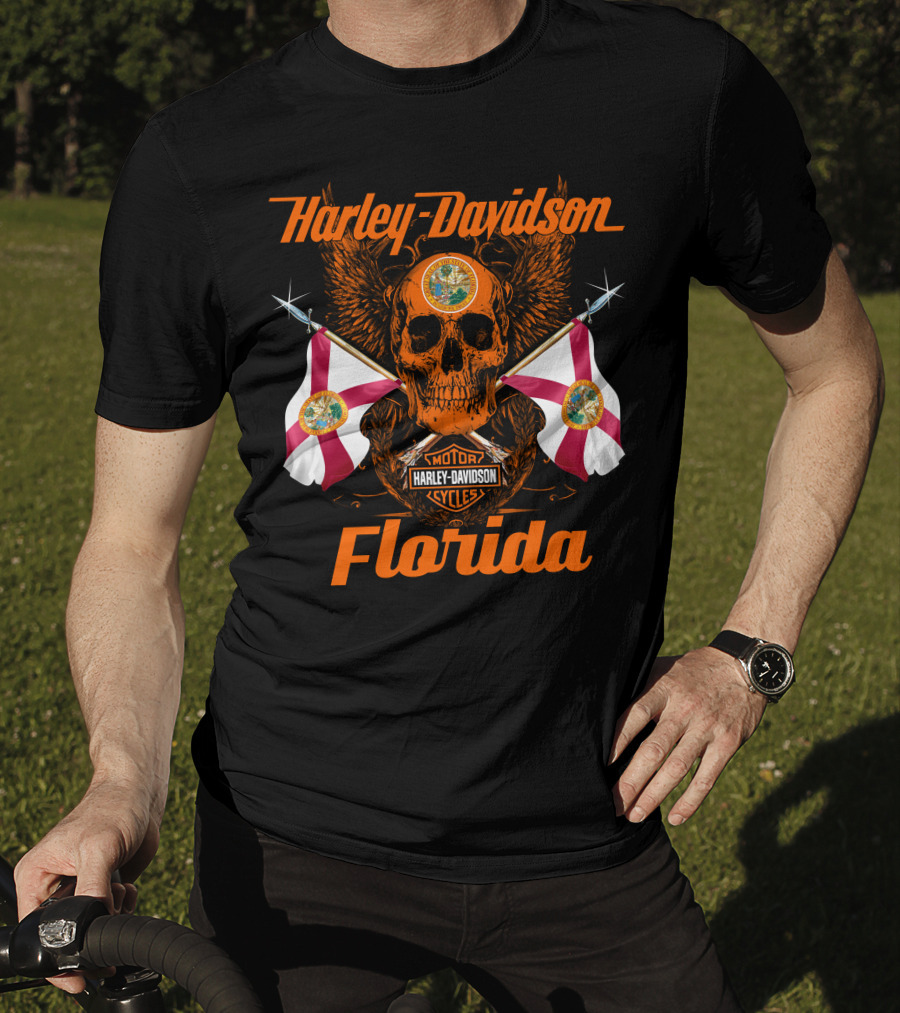 Harley Davidson Florida Skull With Flags And Logo Motif T-Shirt
