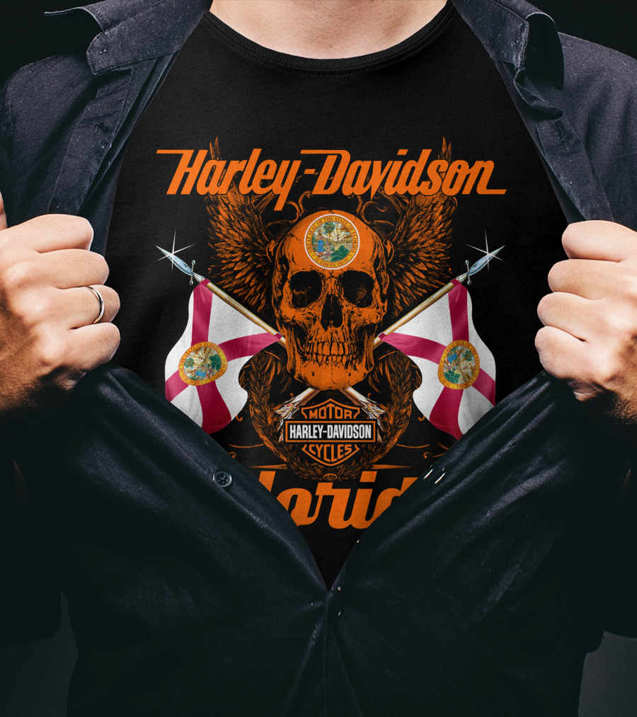Harley Davidson Florida Skull With Flags And Logo Motif T-Shirt