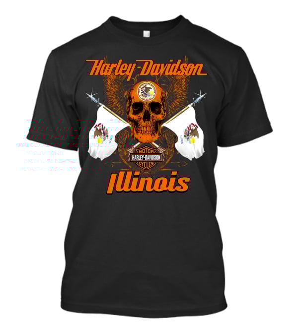 Harley Davidson Cycles Illinois Skull Wings Flags Motorcycles T-Shirt
