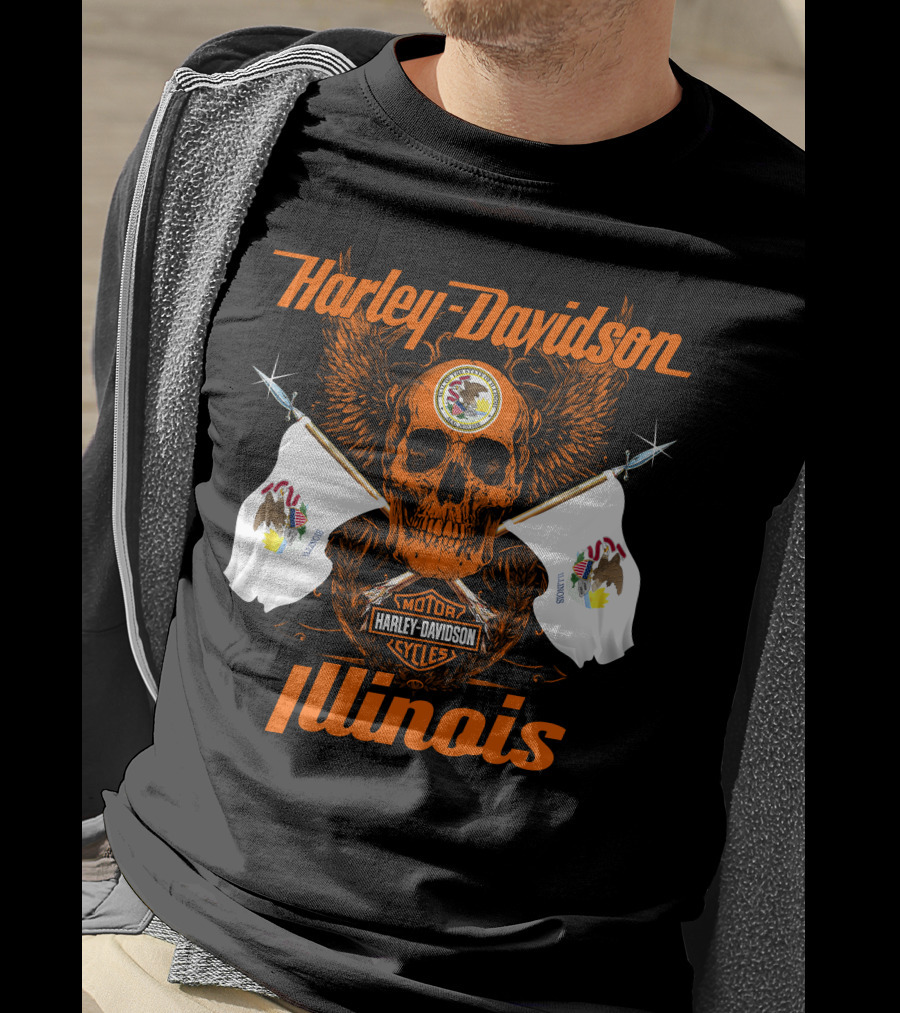Harley Davidson Cycles Illinois Skull Wings Flags Motorcycles T-Shirt