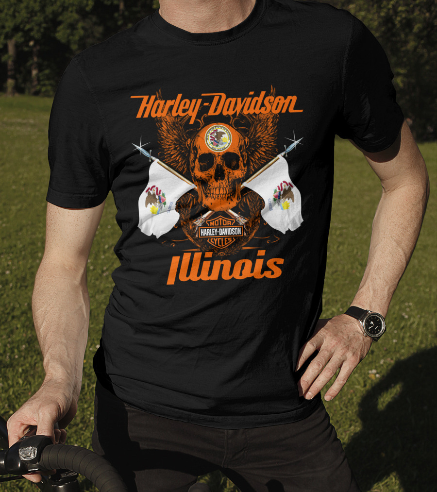 Harley Davidson Cycles Illinois Skull Wings Flags Motorcycles T-Shirt