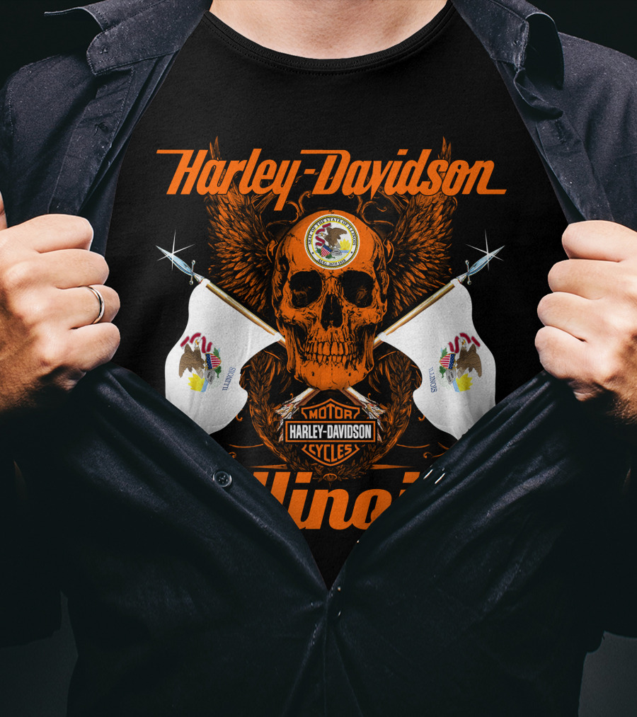 Harley Davidson Cycles Illinois Skull Wings Flags Motorcycles T-Shirt