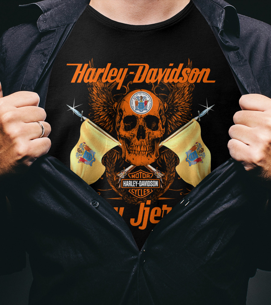Harley Davidson New Jersey Skull Flags Motorcycle Cycles T-Shirt