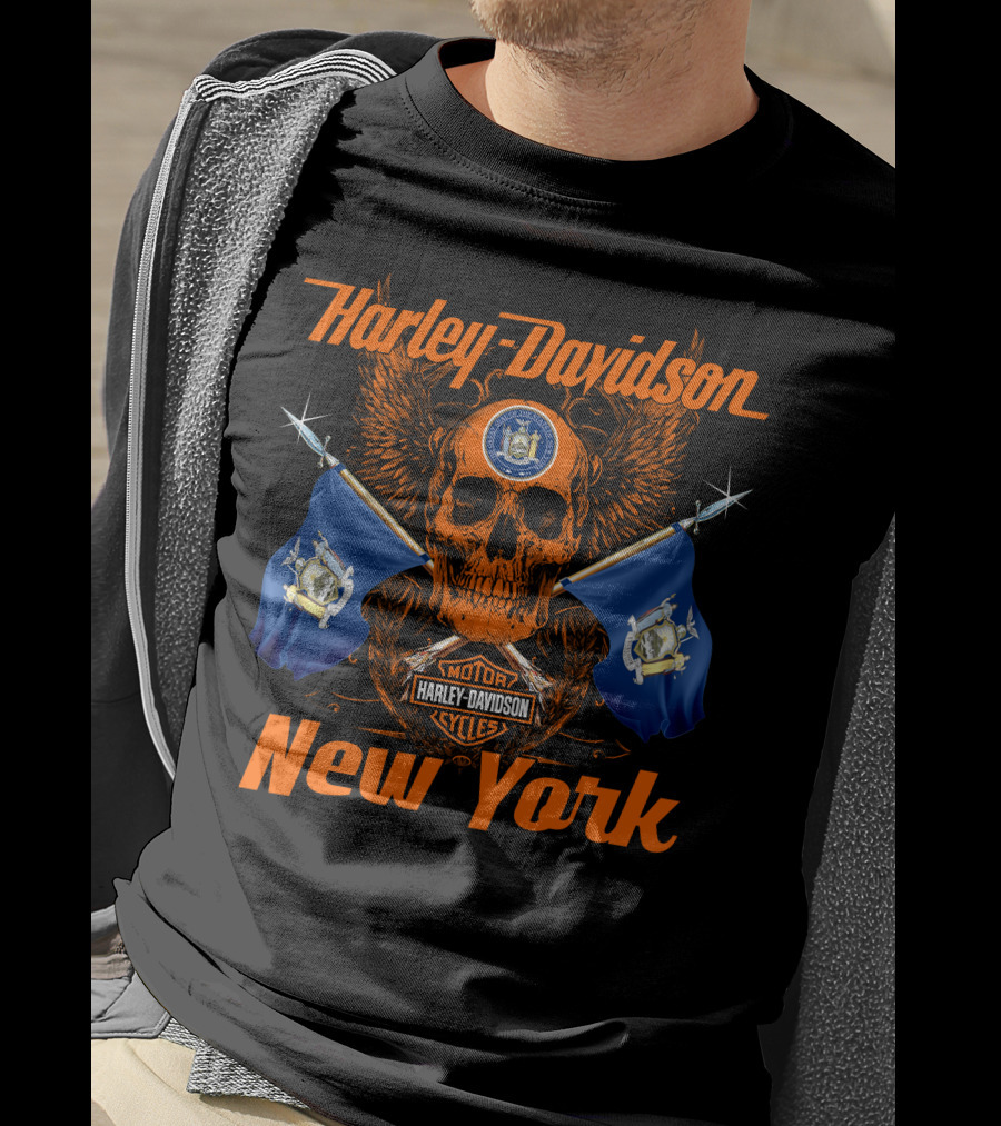 Harley Davidson New York Skull With State Flags And Motor Cycles T-Shirt