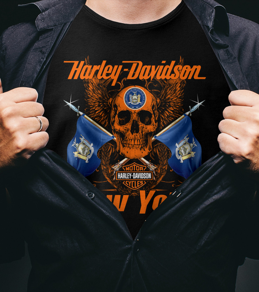 Harley Davidson New York Skull With State Flags And Motor Cycles T-Shirt