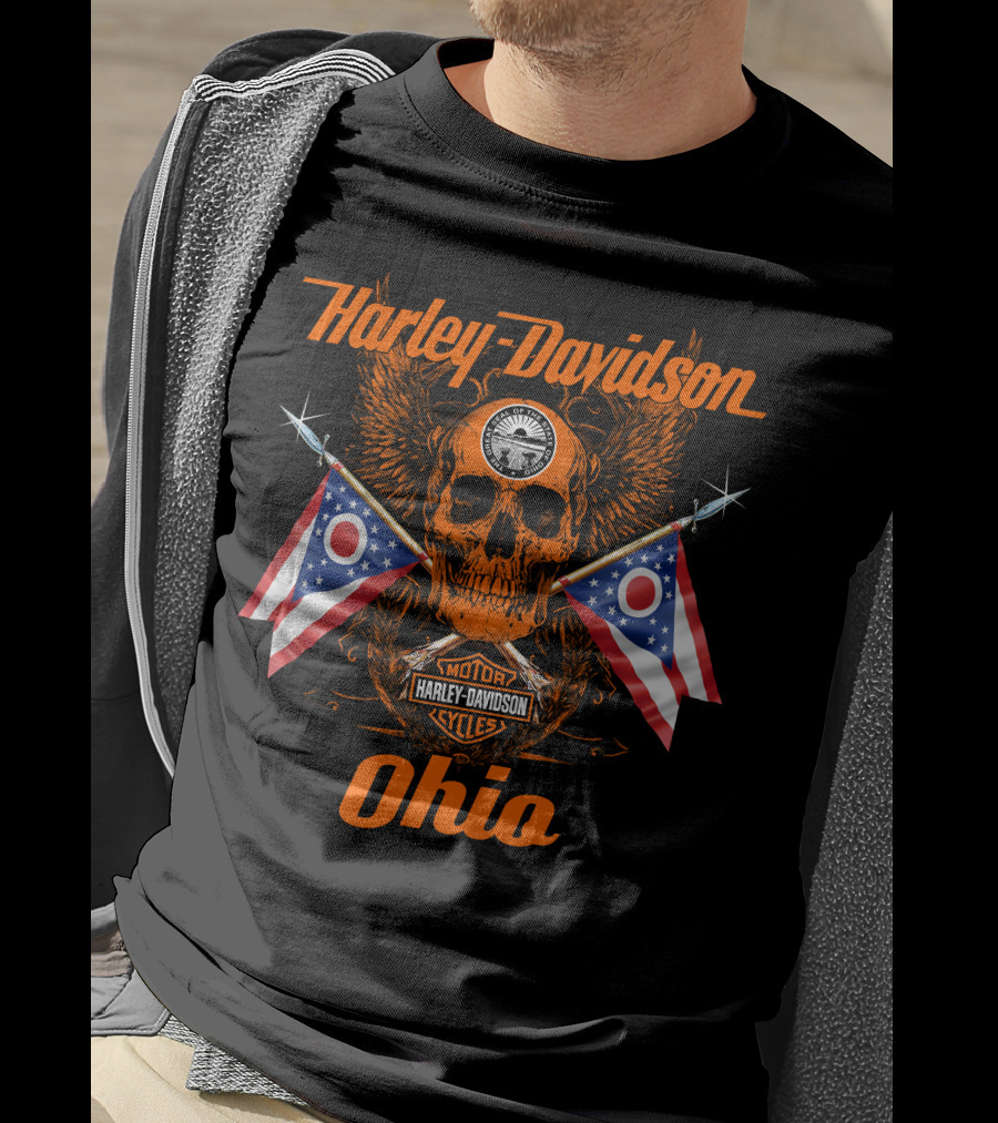 Harley Davidson Ohio Skull With Flags And Wings T-Shirt