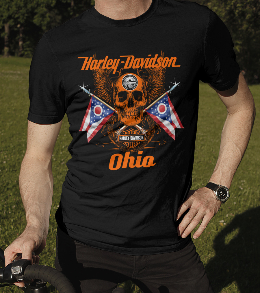 Harley Davidson Ohio Skull With Flags And Wings T-Shirt