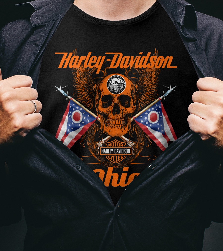 Harley Davidson Ohio Skull With Flags And Wings T-Shirt