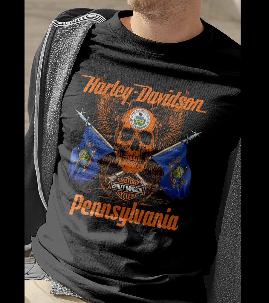 Harley Davidson Pennsylvania Skull With Flags And Wings T-Shirt