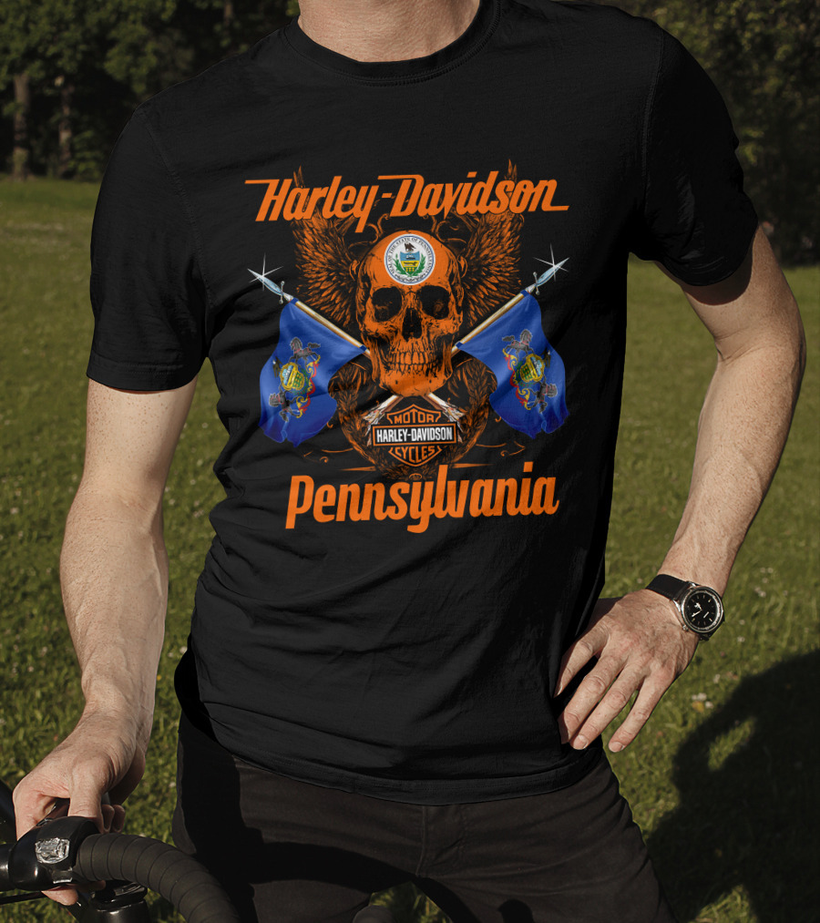 Harley Davidson Pennsylvania Skull With Flags And Wings T-Shirt