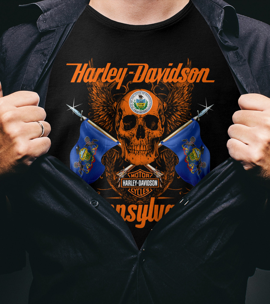 Harley Davidson Pennsylvania Skull With Flags And Wings T-Shirt
