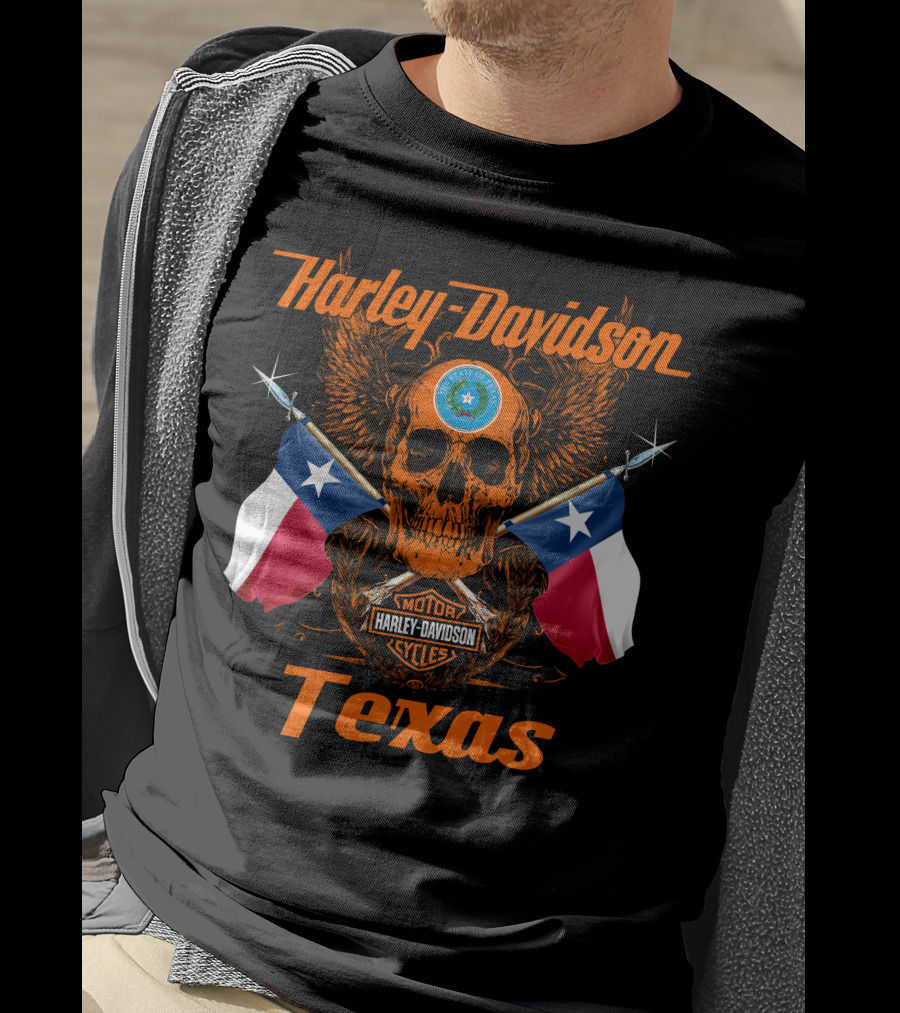 Harley Davidson Texas Skull And Crossed Flags With State Seal And Cycles T-Shirt