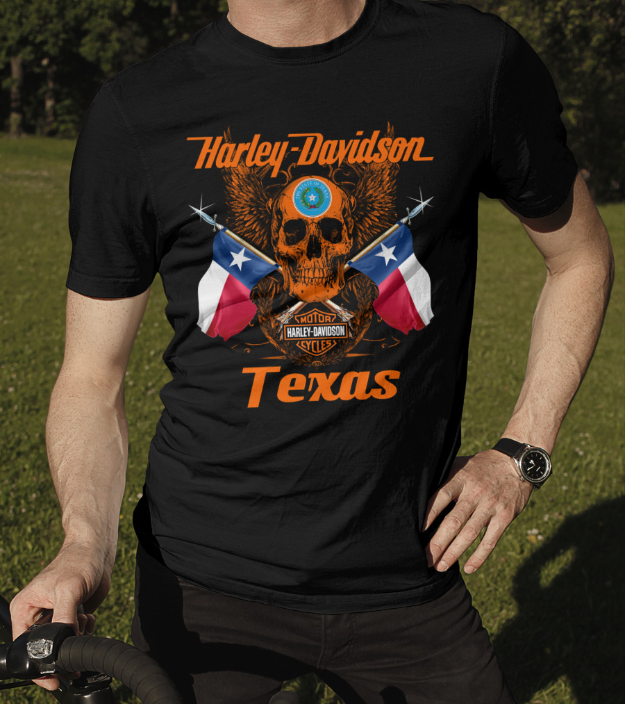 Harley Davidson Texas Skull And Crossed Flags With State Seal And Cycles T-Shirt