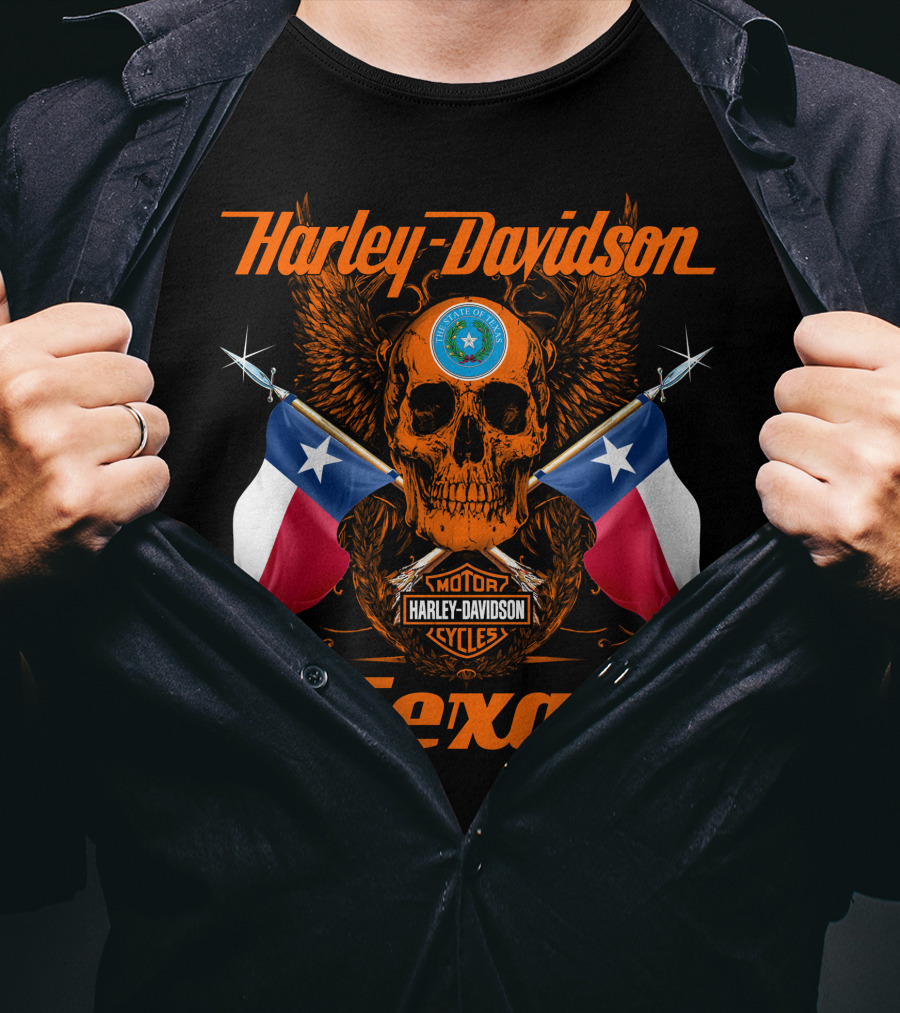 Harley Davidson Texas Skull And Crossed Flags With State Seal And Cycles T-Shirt