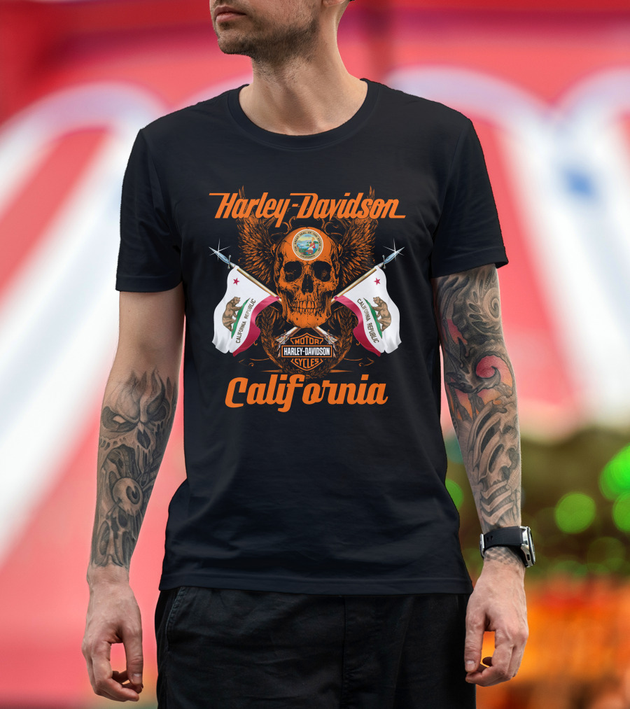 Harley Davidson California Republic Skull And Flags T-Shirt