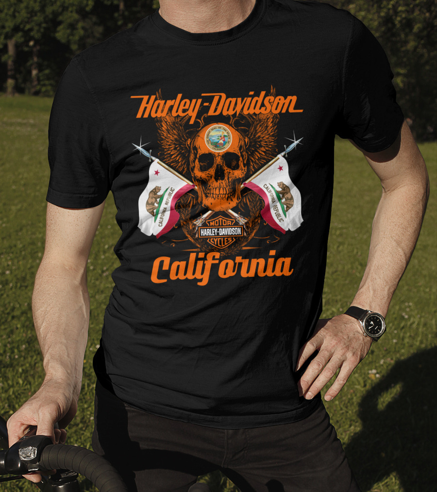 Harley Davidson California Republic Skull And Flags T-Shirt