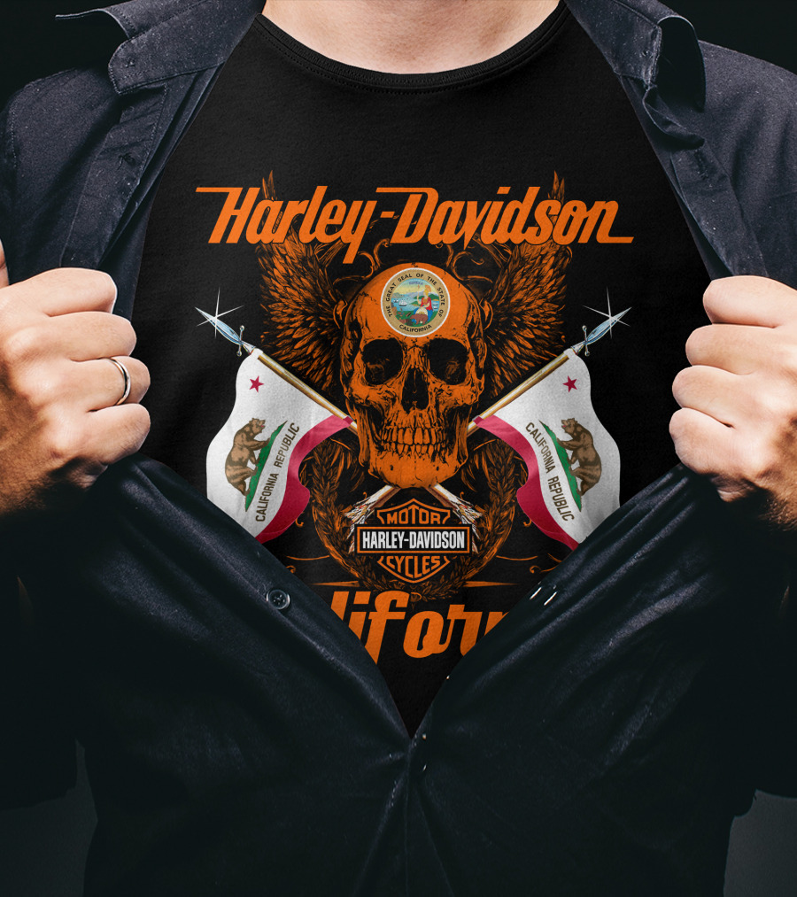 Harley Davidson California Republic Skull And Flags T-Shirt