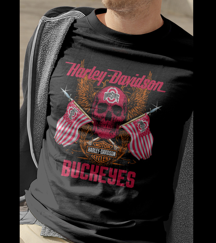 Harley Davidson Ohio State Buckeyes Motor Cycles Flags Skull T-Shirt