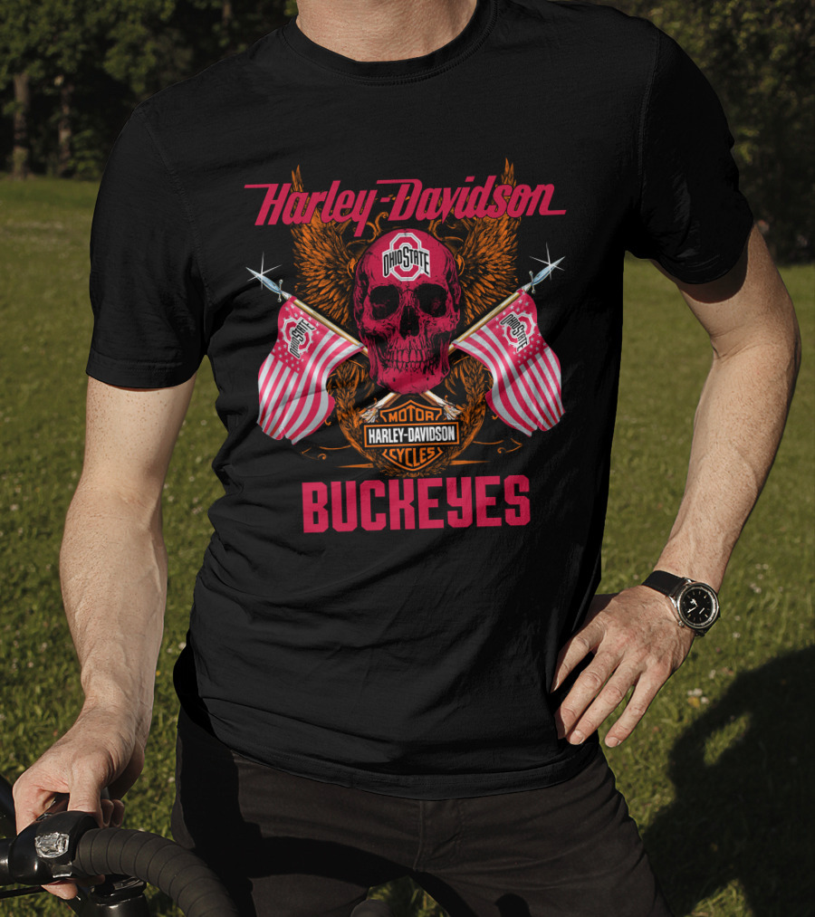 Harley Davidson Ohio State Buckeyes Motor Cycles Flags Skull T-Shirt