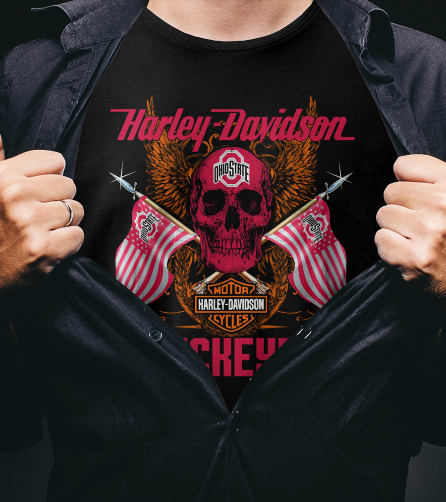 Harley Davidson Ohio State Buckeyes Motor Cycles Flags Skull T-Shirt
