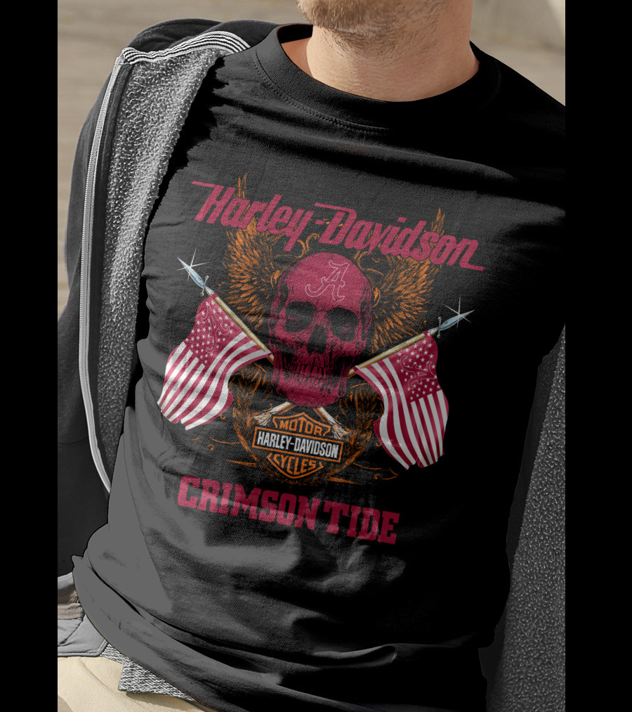 Harley Davidson Crimson Tide Skull Flags Alabama T-Shirt