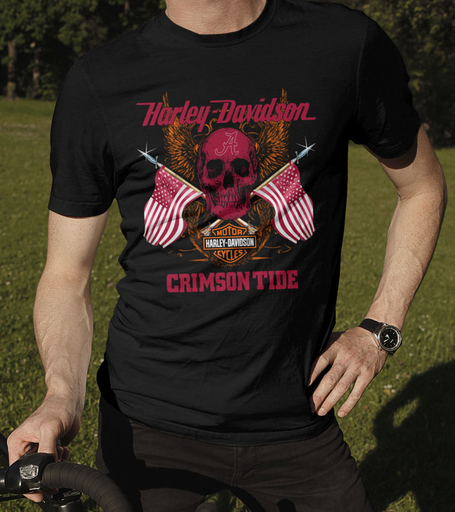 Harley Davidson Crimson Tide Skull Flags Alabama T-Shirt