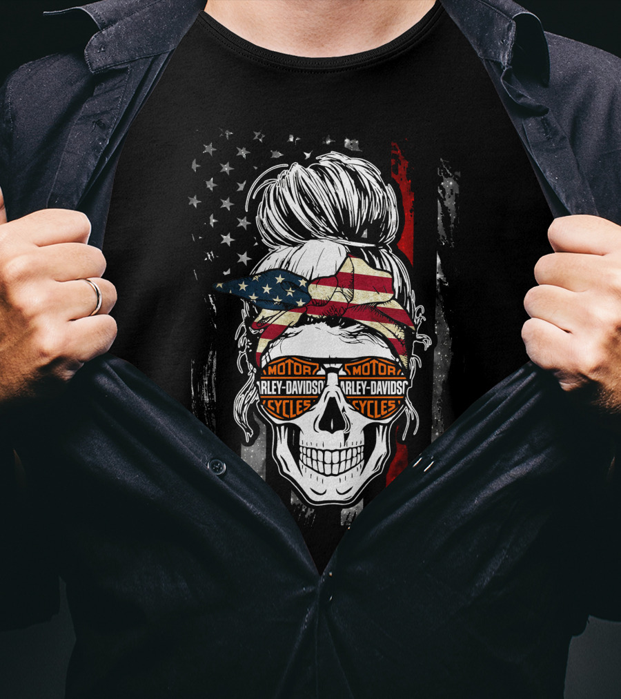 Harley Davidson Skull With American Flag Bandana And Sunglasses T-Shirt