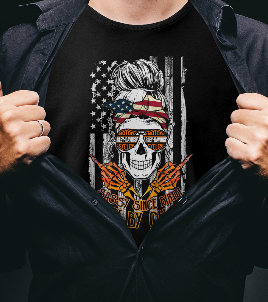 Sassy Since Birth Salty By Choice Harley Davidson Skeleton With American Flag Bandana T-Shirt