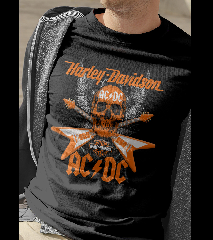 Harley Davidson Ac/Dc Skull Electric Guitar Motor Cycles T-Shirt