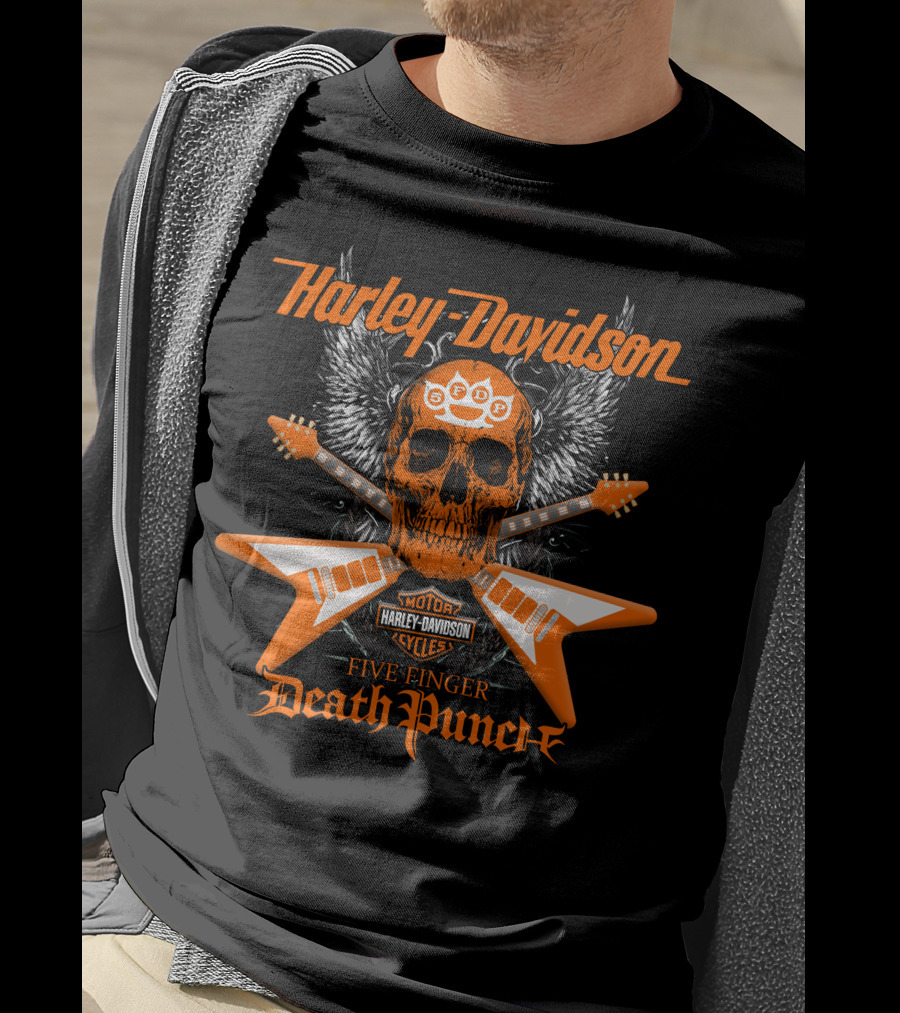 Harley Davidson Motor Cycles Five Finger Death Punch Electric Guitar Skull Wings T-Shirt