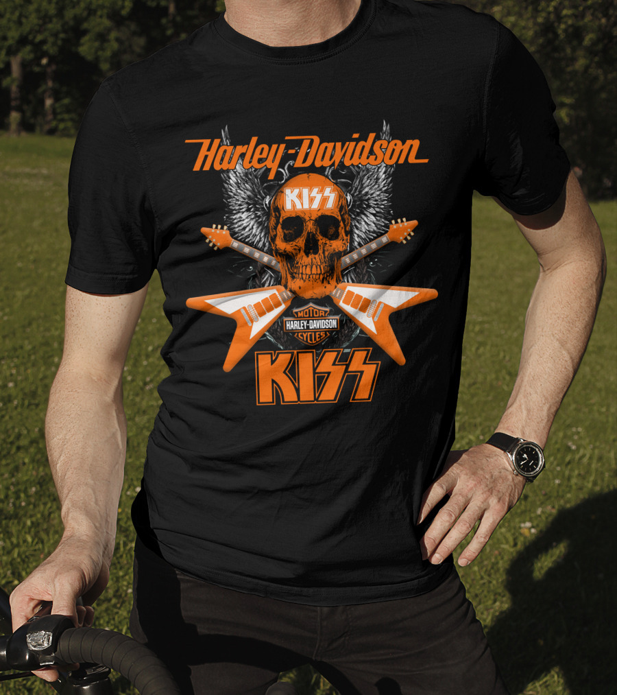 Harley Davidson Kiss Motorcycles Electric Guitar Skull Wings T-Shirt