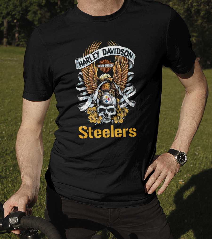 Harley Davidson Motor Cycles Pittsburgh Steelers Skull And Eagle T-Shirt