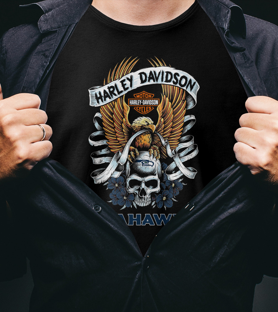 Harley Davidson Motor Cycles Skull Eagle Seattle Seahawks T-Shirt
