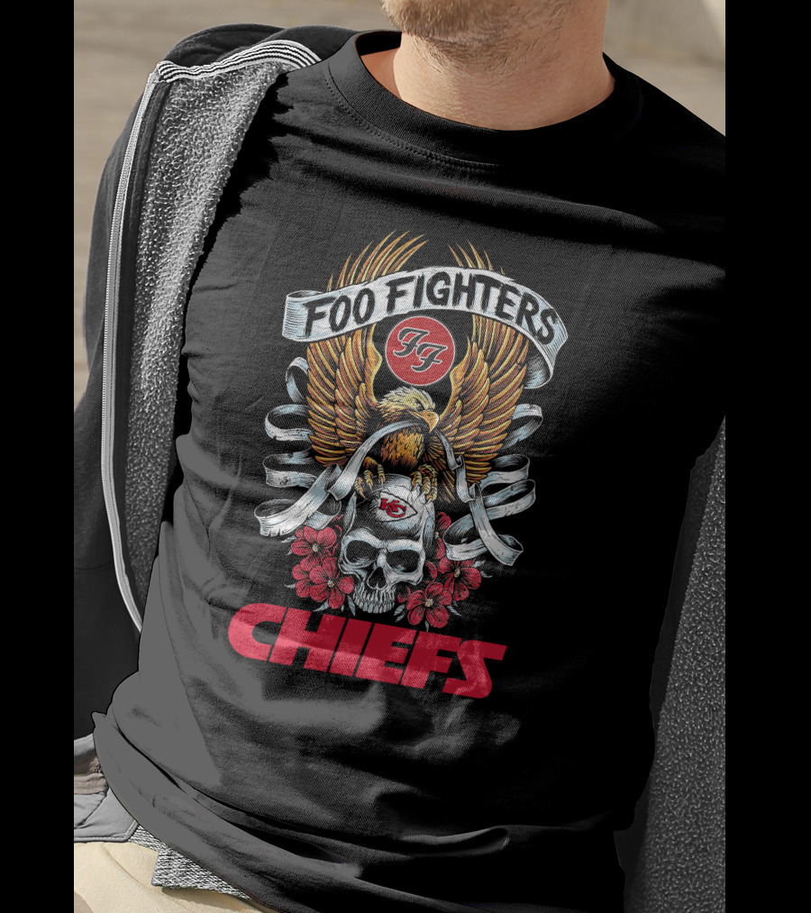 Foo Fighters Kansas City Chiefs Skull Eagle Wings Floral Banner T-Shirt