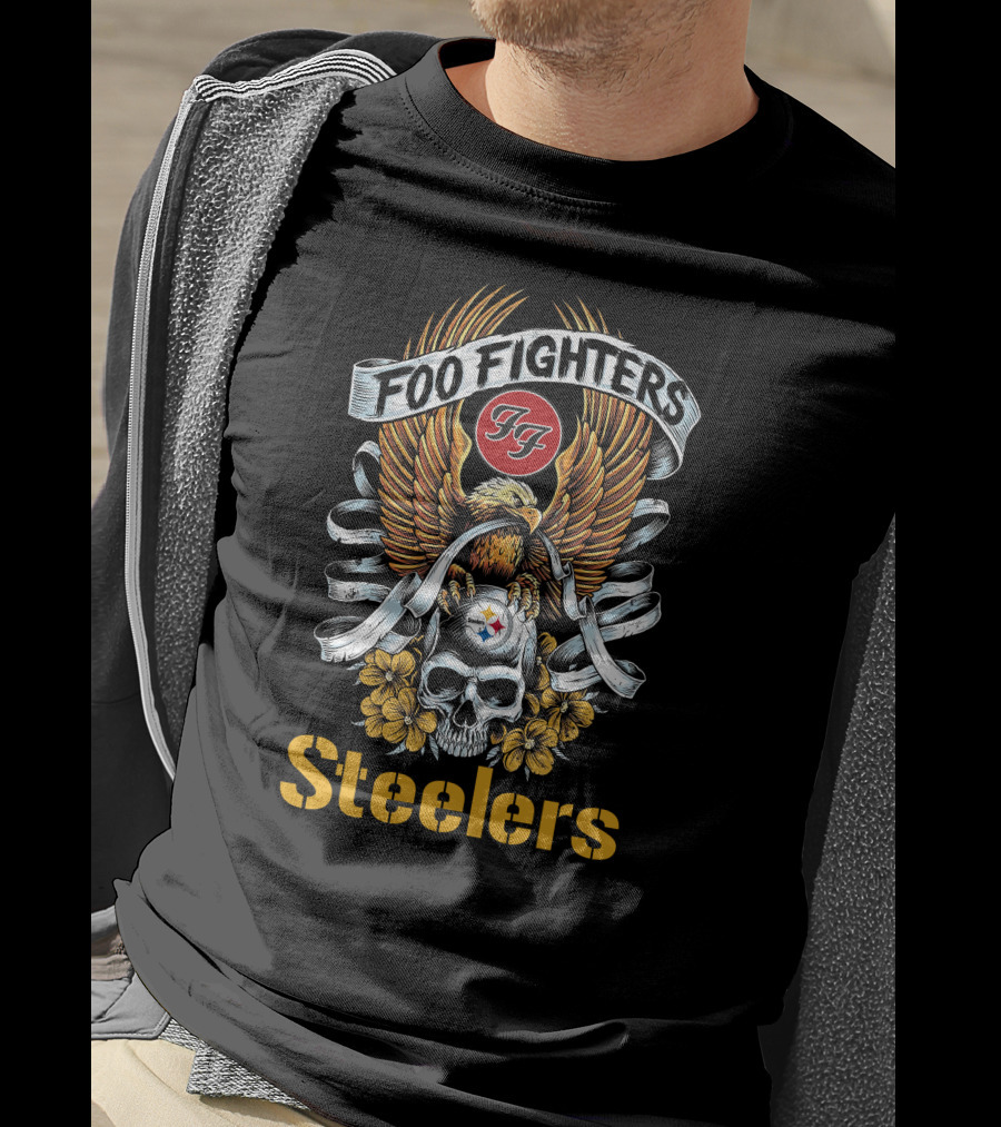 Foo Fighters Steelers FF Skull Eagle Floral Motif T-Shirt