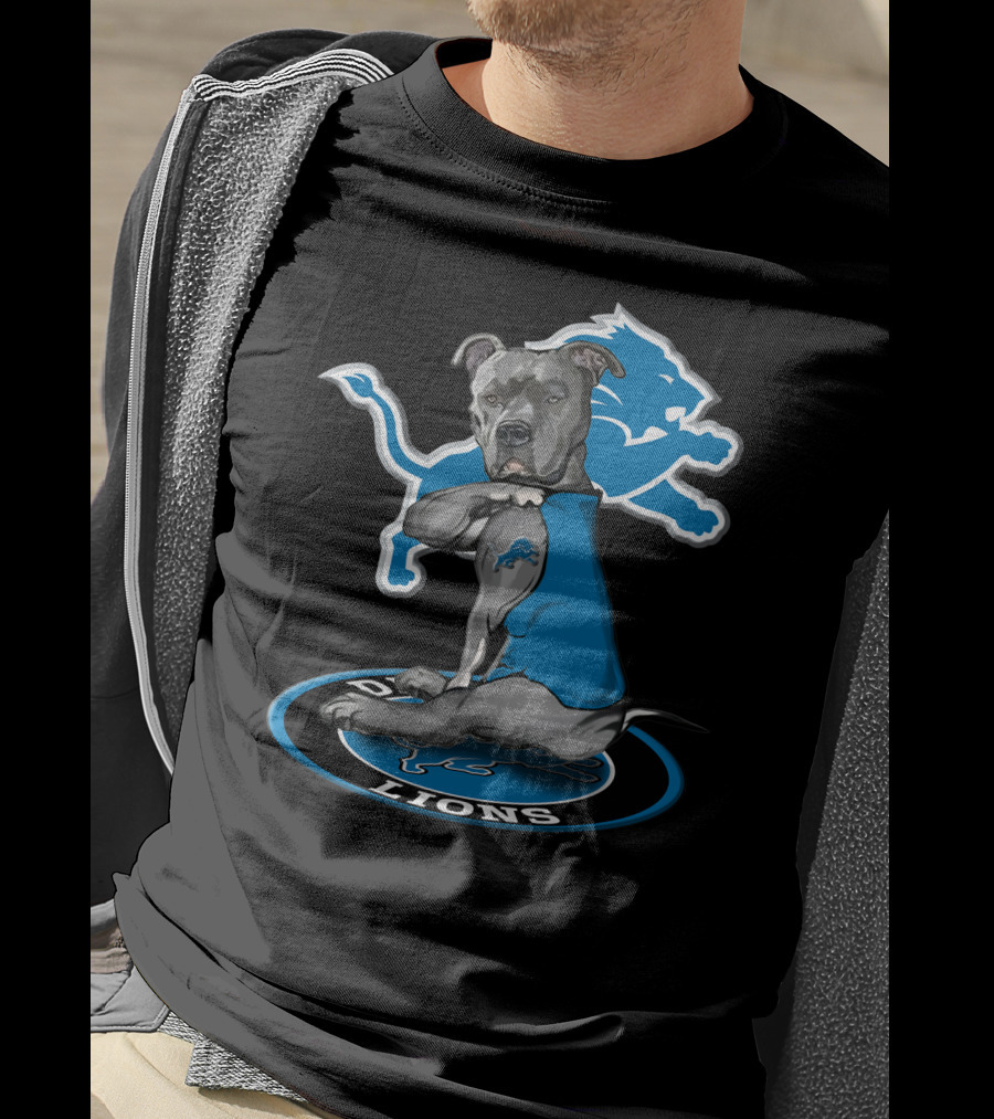 Detroit Lions Dog In Blue Jersey With Team T-Shirt