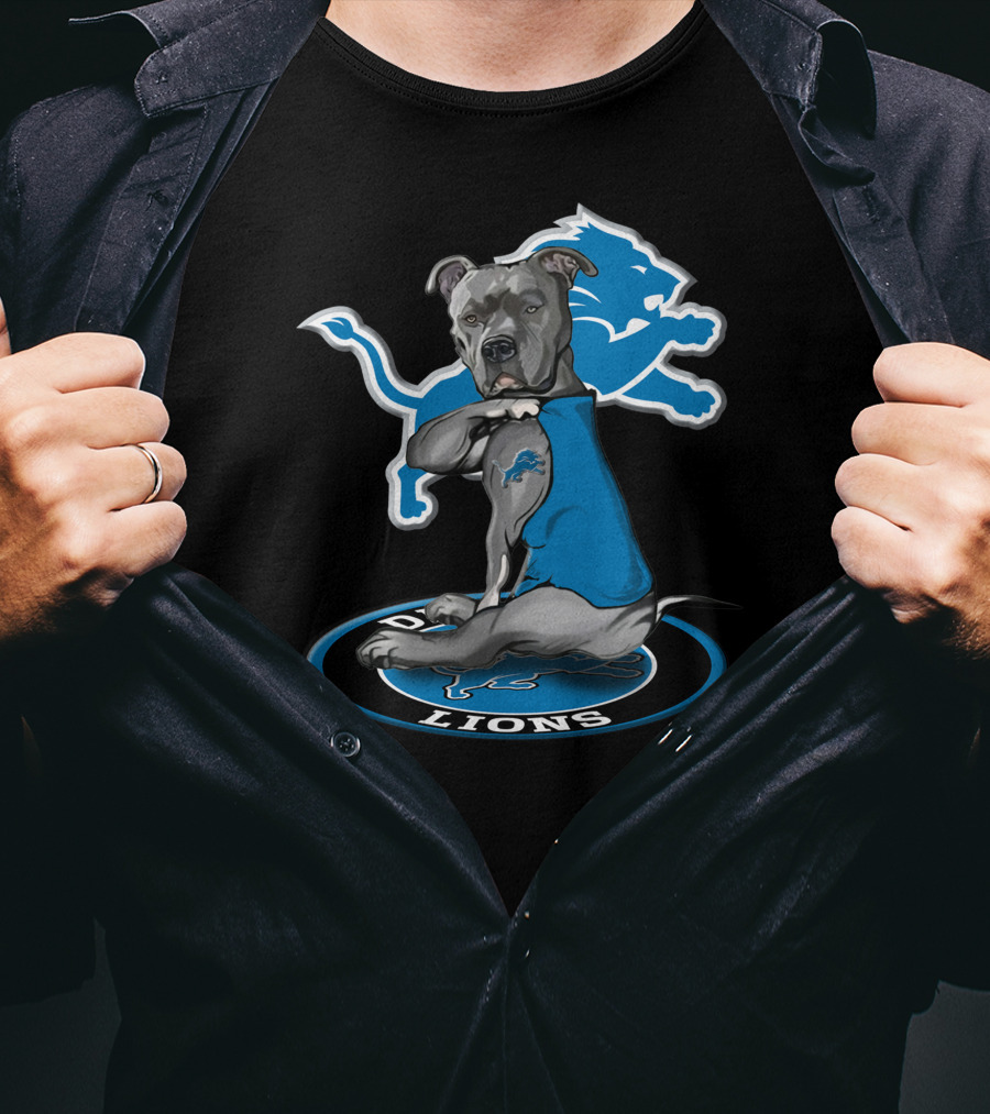 Detroit Lions Dog In Blue Jersey With Team T-Shirt