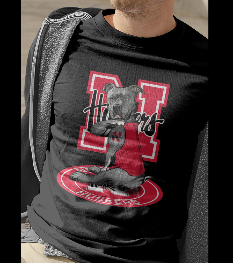 Nebraska Cornhuskers N Logo With Dog Wearing Red Husker T-Shirt