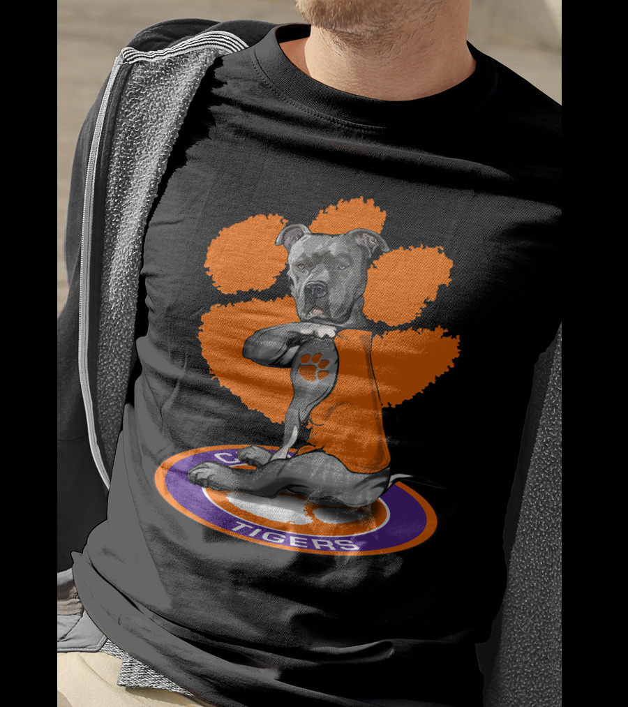 Clemson Tigers Dog With Paw Print Tattoo And Orange Vest T-Shirt